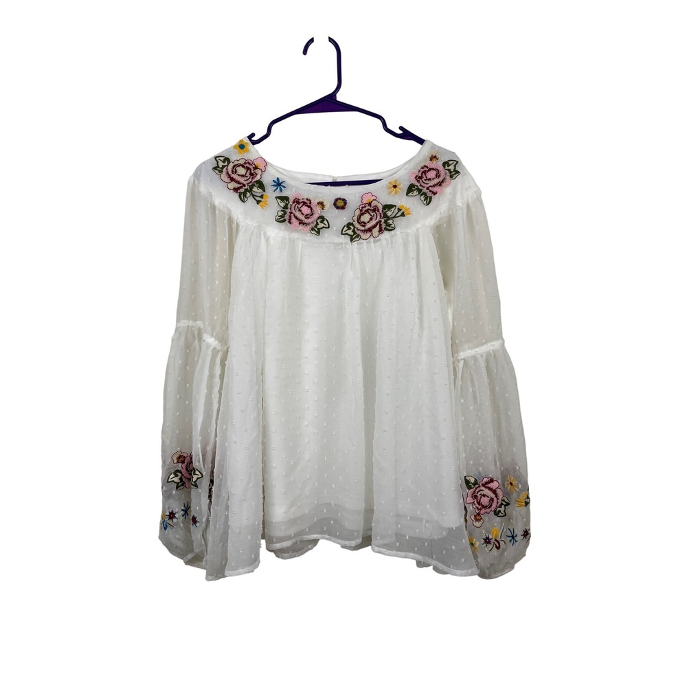 Altar'd State White Swiss Dot Floral Embroidered Bell Sleeve Blouse Large